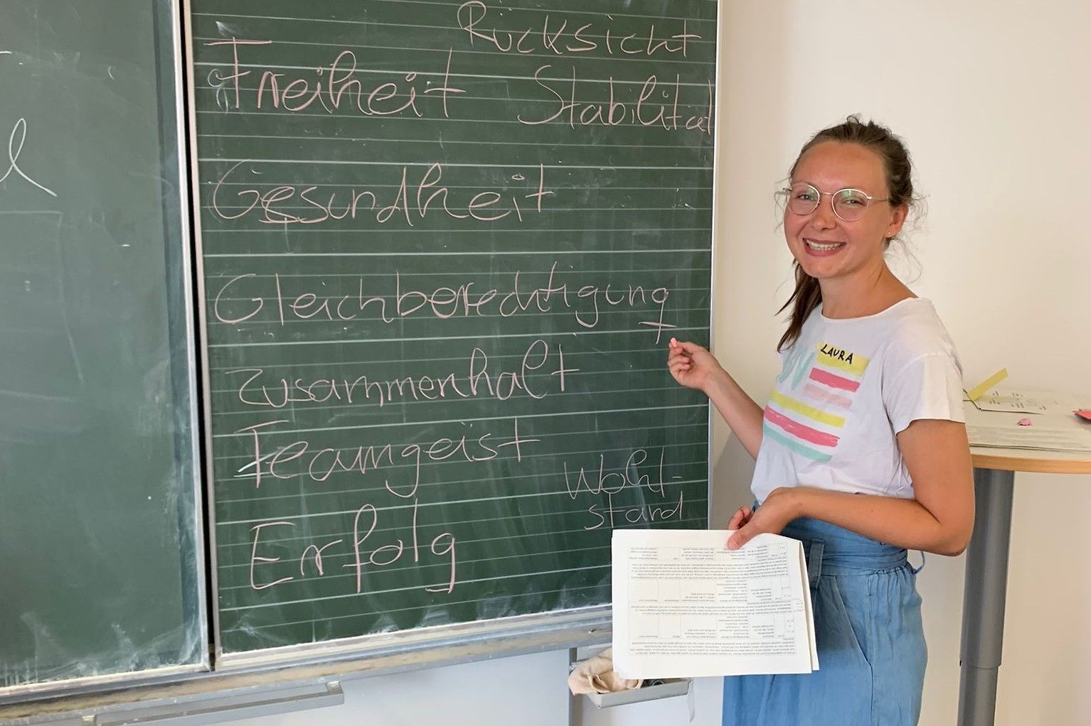 Das Foto zeigt Laura Ensinger vor einer Tafel stehend